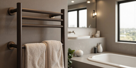 A matte mocha mousse bathroom towel rail system with gold accent screws mounted on taupe tiles. The rails display textured