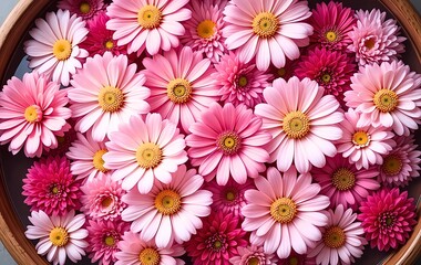 Fototapeta premium Beautiful Pink Flowers in Wooden Bowl , Fresh Pink Daisy Flowers Arrangement , Pink Cosmos Flowers Floating in Water for Spa Decoration and Floral Photography