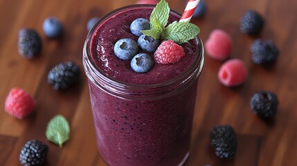 Deepred berry smoothie topped with fresh fruits on rustic wood surface