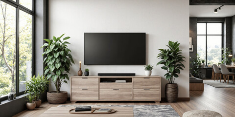 Living Room Modern Interior TV Stand Contemporary living room with TV on wooden stand and potted plants near window