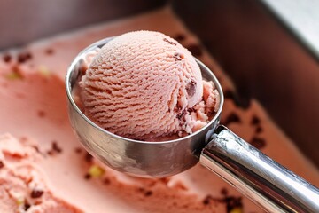 Close-Up of Strawberry Ice Cream Being Scooped from Metal Container