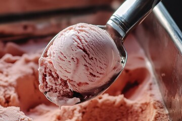 Scooping Strawberry Ice Cream with Metal Dipper from Full Frozen Tray