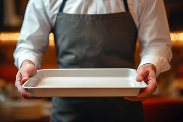 Waiter Holding Empty White Serving Tray Centered in Restaurant Scene