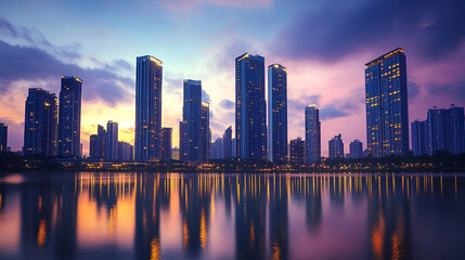 Fototapeta premium Vibrant City Skyline At Sunset Over Water