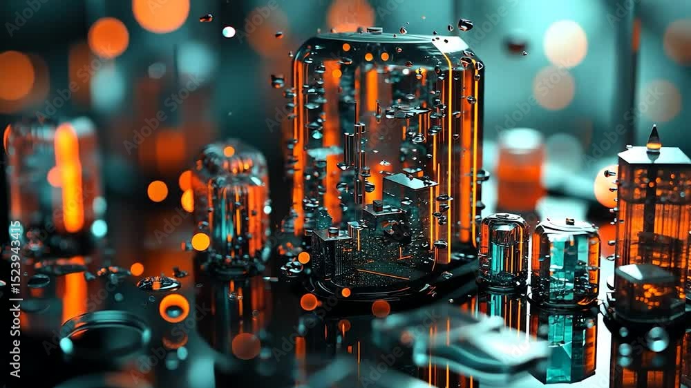 Poster abstract geometric structures with vibrant lighting and reflections.