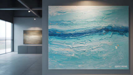 Fototapeta premium Abstract ocean painting in a gallery setting with bright light and modern architecture view
