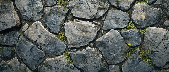 Ancient cobblestone pathway adorned with green moss in spring