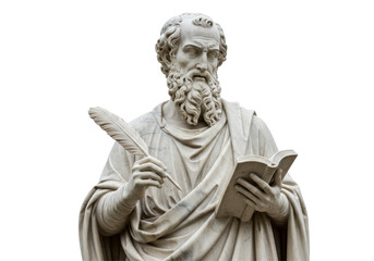 Isolated Sculpture of Ancient Philosopher Holding Book and Quill