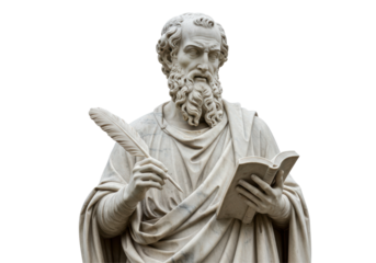 Isolated Sculpture of Ancient Philosopher Holding Book and Quill