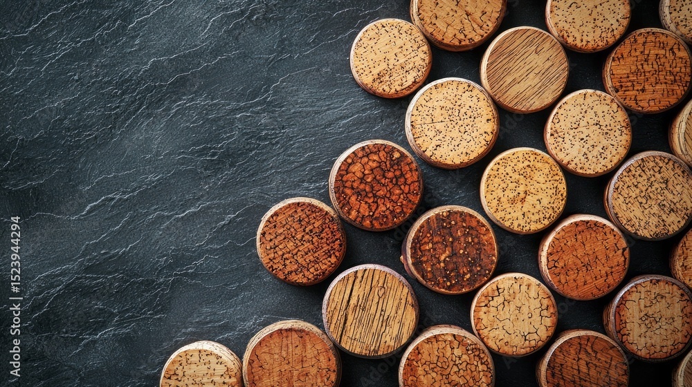 Poster Wine corks arranged in a horizontal pattern with a textured background showcasing natural variations and colors in cork materials