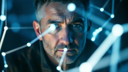 Focused professional with digital network overlay, showcasing innovation and connectivity - Powered by Adobe