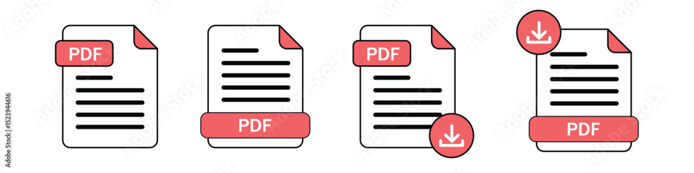 Aufkleber pdf file format icons set. document text, pdf file download icon outline sign. different style icons