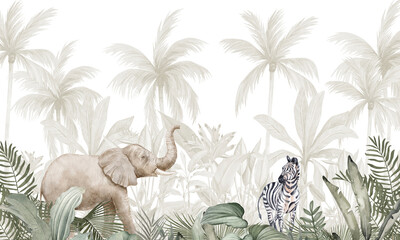 Aged Wildlife Wall Mural: Elephant, Birds in Retro Brown Tropical Forest © csinie1