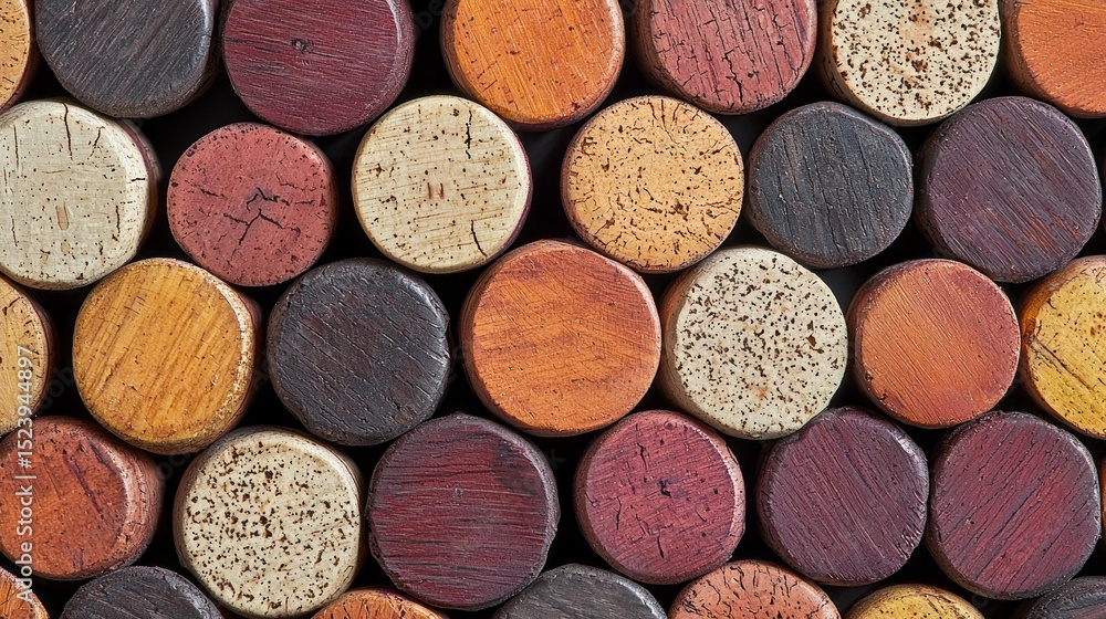 Poster Variety of colorful wine corks displayed together in a close-up view showcasing different textures and patterns