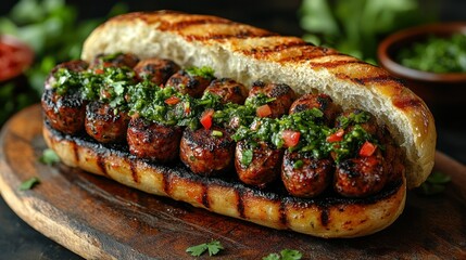 Grilled meatball sandwich with green sauce