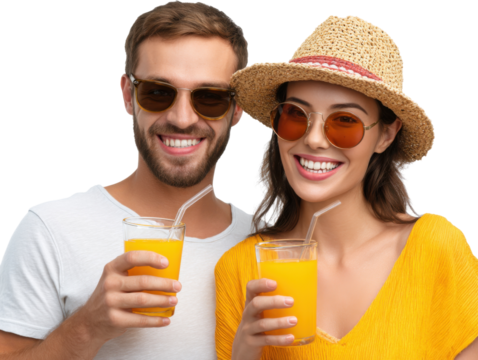Smiling young couple in love holding refreshing drinks, embracing the summer lifestyle