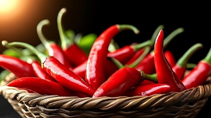 Vibrant red chili peppers in a woven basket, a spicy and colorful culinary ingredient