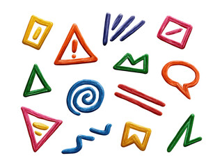 Hand-drawn vector art illustration set of colorful doodle sketch design elements including arrows, hearts, speech bubbles, and scribble paint brush stroke icons on paper