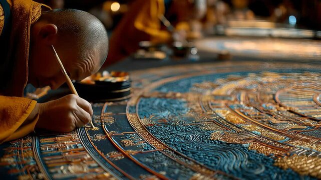 Close-up of Buddhist Monk Painting Intricate Mandala with Fine Brush, Depicting Spiritual Art and Cultural Tradition in a Serene Setting
