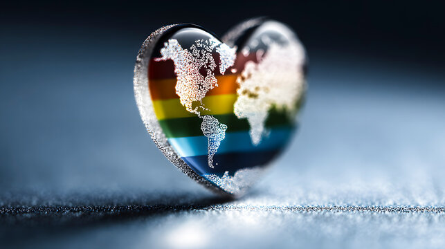 Glass heart with rainbow flag and world map showing love, diversity, and respect for Pride month - Powered by Adobe