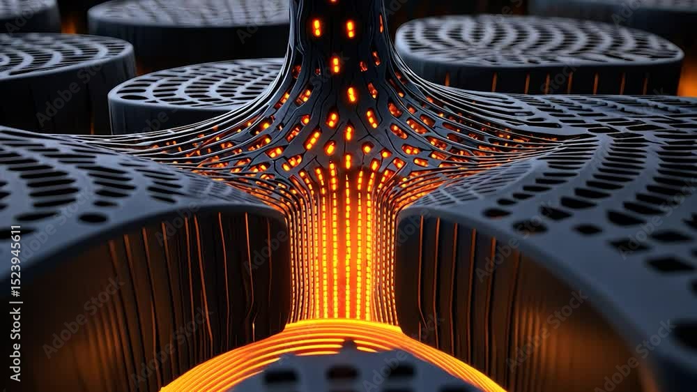 Poster Abstract 3D design with glowing lines and perforated surfaces.