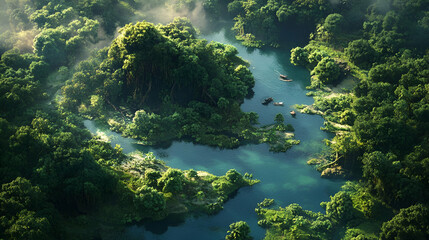 Aerial View Of Tropical River And Lush Forest