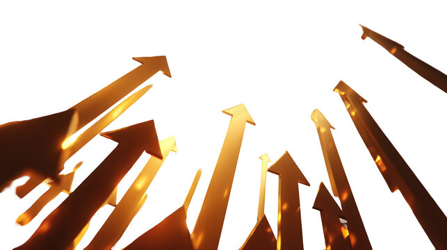 Abstract golden arrows rising upward background design illustration graphic success growth concept modern business finance shiny 3d arrows golden arrows on transparent background - Powered by Adobe