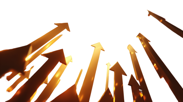Abstract golden arrows rising upward background design illustration graphic success growth concept modern business finance shiny 3d arrows golden arrows on transparent background - Powered by Adobe