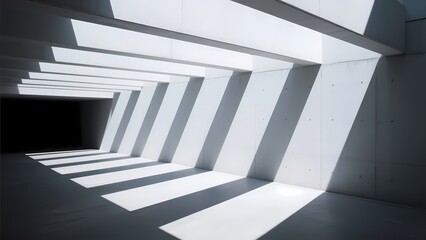 Fototapeta premium Minimalist Architectural Space with Light and Shadow. This image features a minimalist architectural interior, showcasing clean white structures and striking light - shadow contrasts.