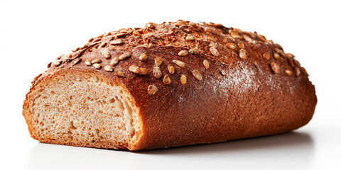 Whole grain bread loaf with sunflower seeds on white background