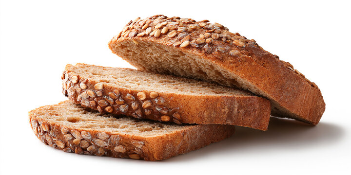 Three slices of multigrain bread with seeds on white background