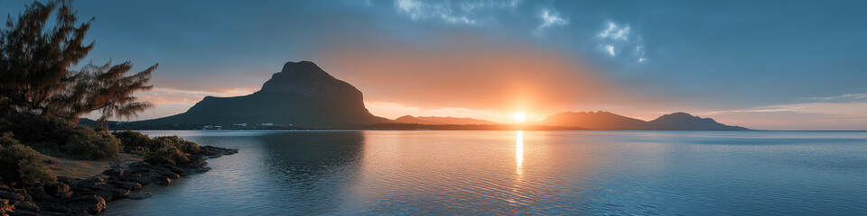 Obraz premium Sunset over mountain and ocean landscape