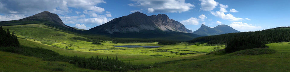 Obraz premium Majestic mountain range under blue sky and white clouds in lush green landscape