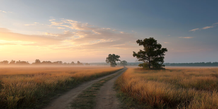 Tranquil misty morning in serene countryside landscape with winding dirt road and golden grass