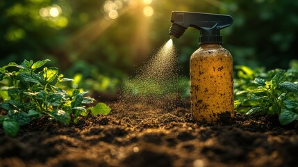 Fototapeta premium Gardening spraying plants outdoors