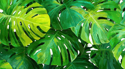 Obraz premium Vibrant green monstera deliciosa leaves lush tropical foliage natural background detailed illustration artistic painting summer nature texture vivid on transparent background leaf