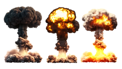 nuclear explosions and mushroom cloud isolated on white background PNG