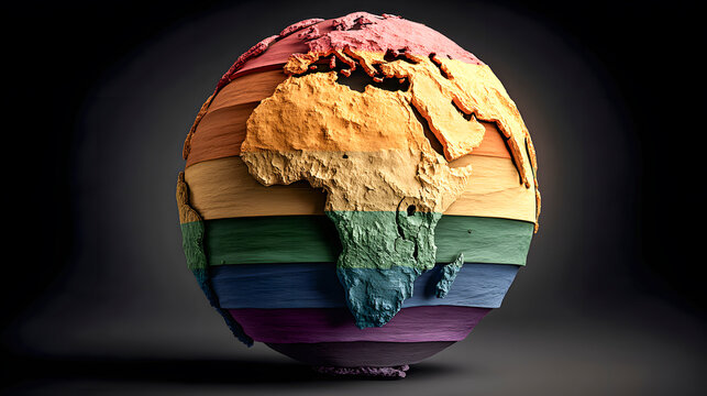 Wooden textured earth globe with rainbow colors celebrating diversity, love and respect for Pride month