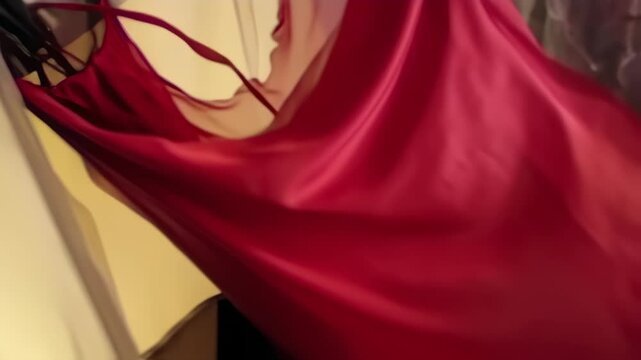 Elegant Red Silk Lingerie Hanging in a Closet, Smooth Fabric and Intimate Apparel Showcase