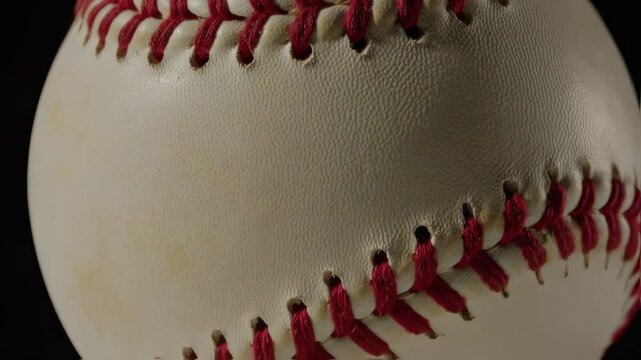 Detailed Close-Up View of Classic Baseball with Red Stitching Pattern Rotating in Studio