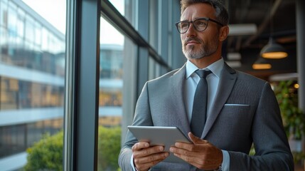 Man in glasses and suit looking at a tablet. Suitable for articles about business and modern technologies.
