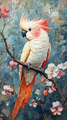 Brightly colored parrot on a branch with flowers, useful for natural and decorative themes.