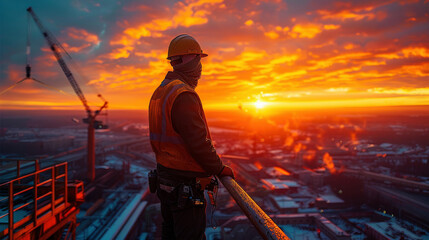 Sunset Silhouette: Crane Operator at Work