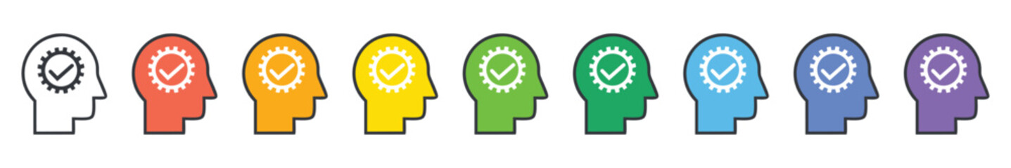 Colorful Human Head Icons with Checkmark Symbols for Psychology, Mindset, Approval, Decision Making, Mental Health and Awareness Concepts