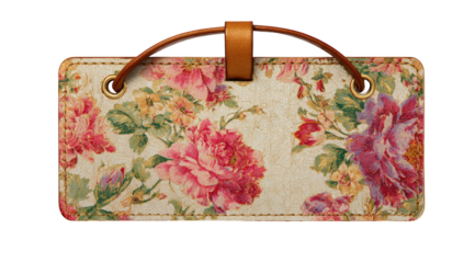 Elegant floral leather tag with pink and purple roses vintage design cream background decorative label handmade craft beautiful romantic style fashion on transparent background art