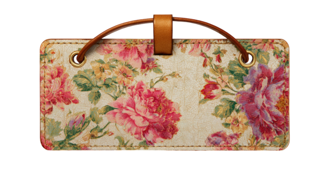 Elegant floral leather tag with pink and purple roses vintage design cream background decorative label handmade craft beautiful romantic style fashion on transparent background art - Powered by Adobe