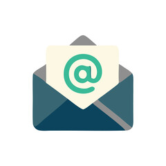 An illustration of an email envelope with an at sign on the message, representing electronic communication, notifications, and digital messages.
