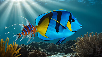 Achilles Tang (Acanthurus achilles) being cleaned by a cleaner wrasse in a mutualistic underwater interactio