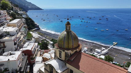 Amalfi Coast At Positano In Salerno Italy. Beach Landscape. Giant Cliffs Scene. Amalfi Coast At Positano In Salerno Italy. Medieval City Skyline. Gulf Of Salerno Mediterranean Sea. Beach Skyline.
