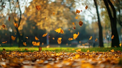 Autumn wind creating a flurry of dry leaves across an open park lawn